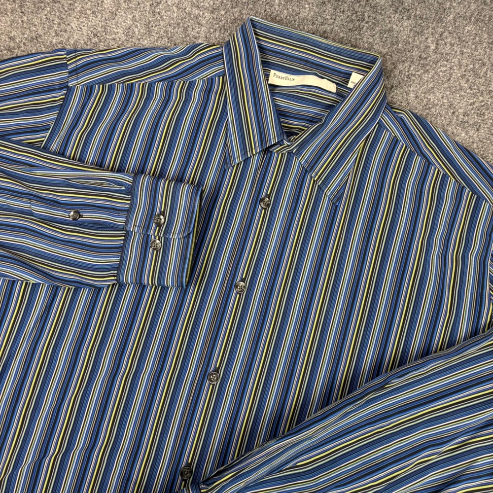 Perry Ellis Mens Size XL Long Sleeve Button Down Shirt Multicolor Striped Cotton